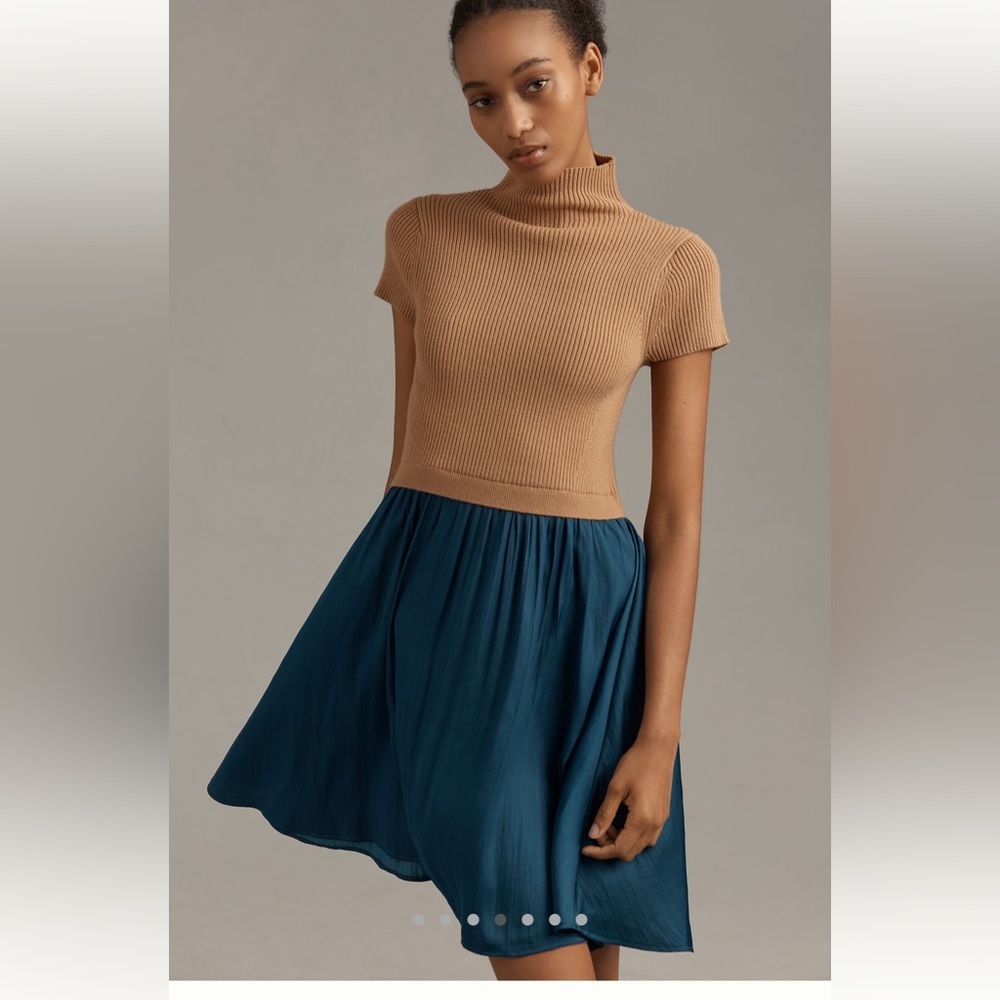 Anthropologie Tan and Teal Mini Dress